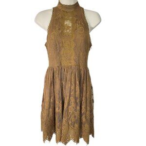 FREE PEOPLE Verushka Honey Brown Halter Neck Boho Mini Dress - Women's 0